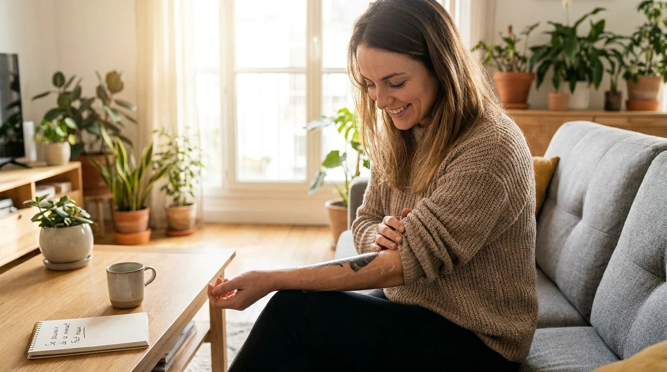 Personne européenne avec un tatouage récent protégé par un pansement transparent sur le bras
