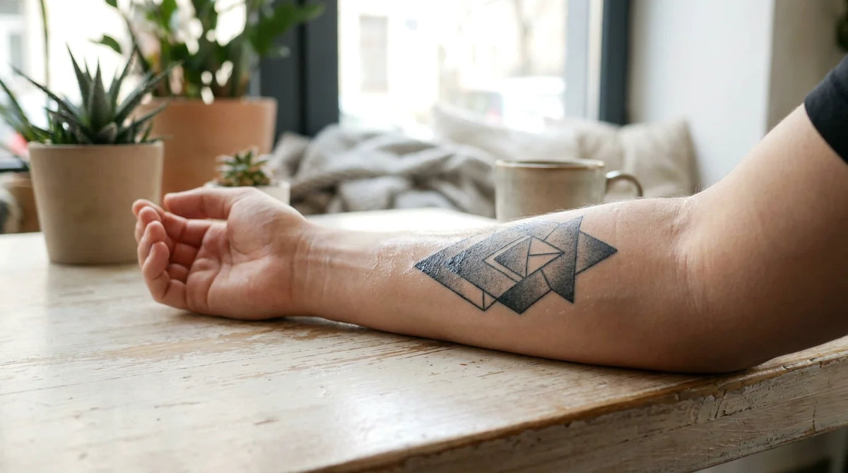 Avant-bras tatoué et hydraté posé sur une table en bois clair Image