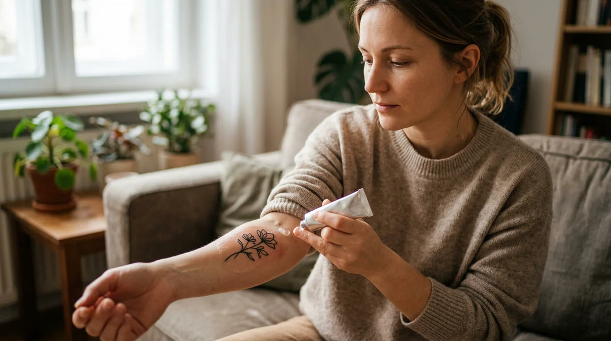 Personne prenant soin d'un tatouage frais avec un baume réparateur Image