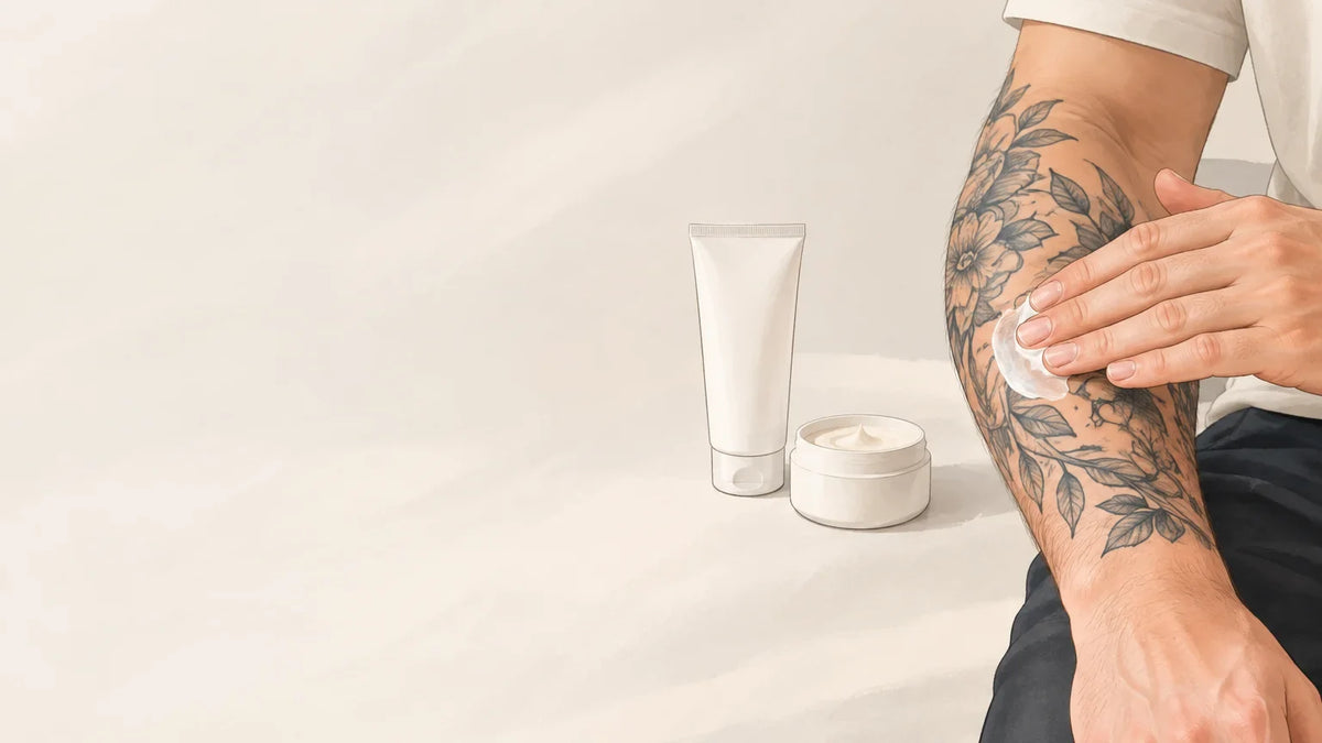 Une personne prend soin d’un tatouage ancien avec un baume hydratant
