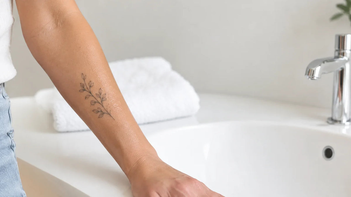 Avant-bras tatoué près d’une serviette propre Image