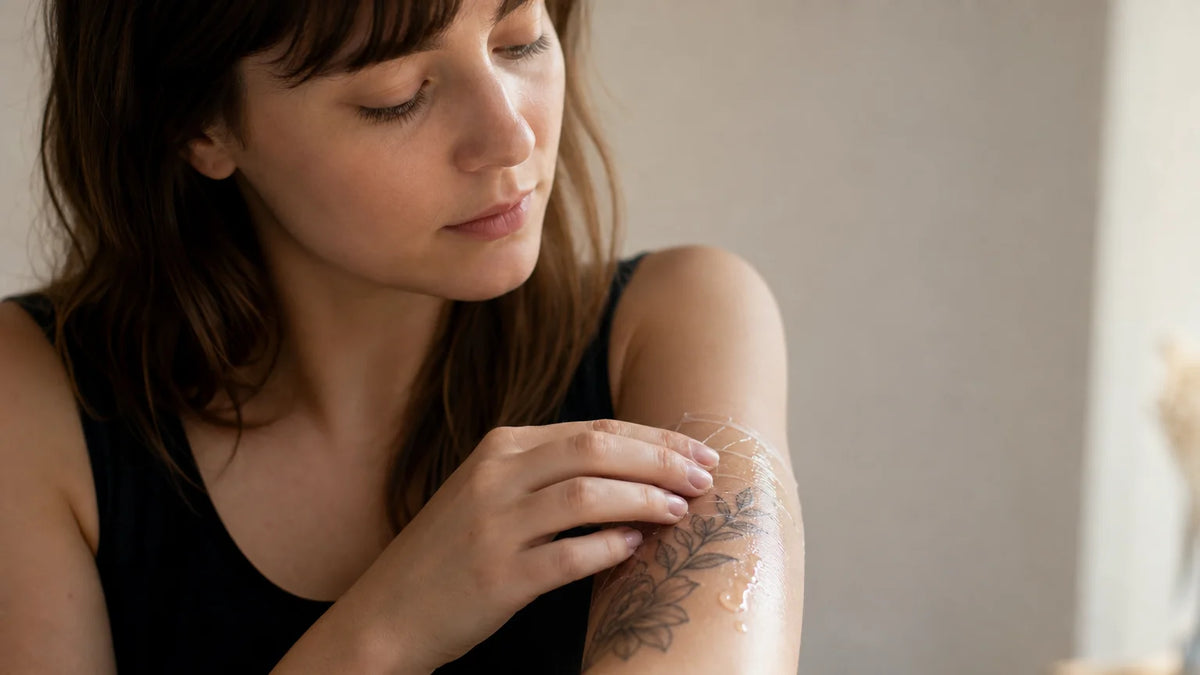 Tatouage récent qui rejette légèrement de l’encre pendant la cicatrisation
