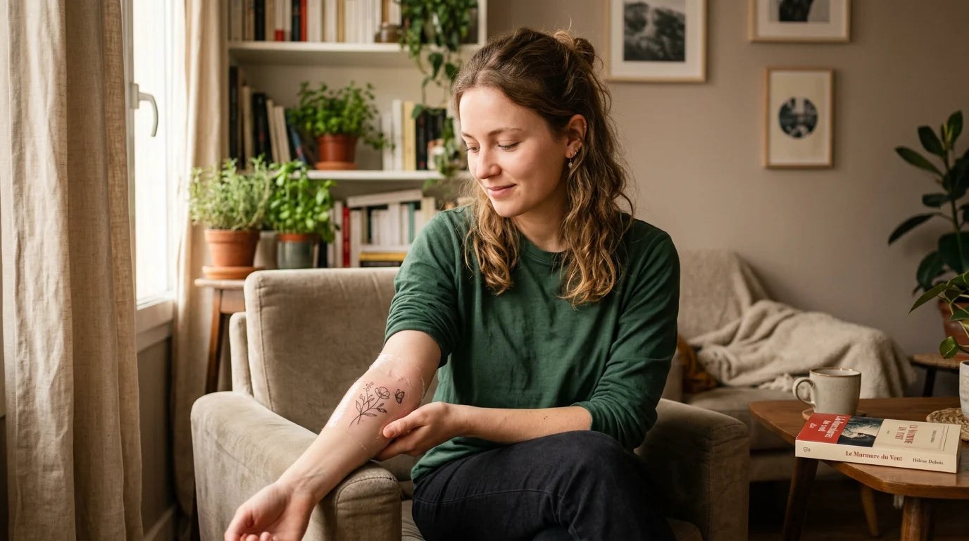 Jeune adulte regardant son tatouage frais au bras à la maison