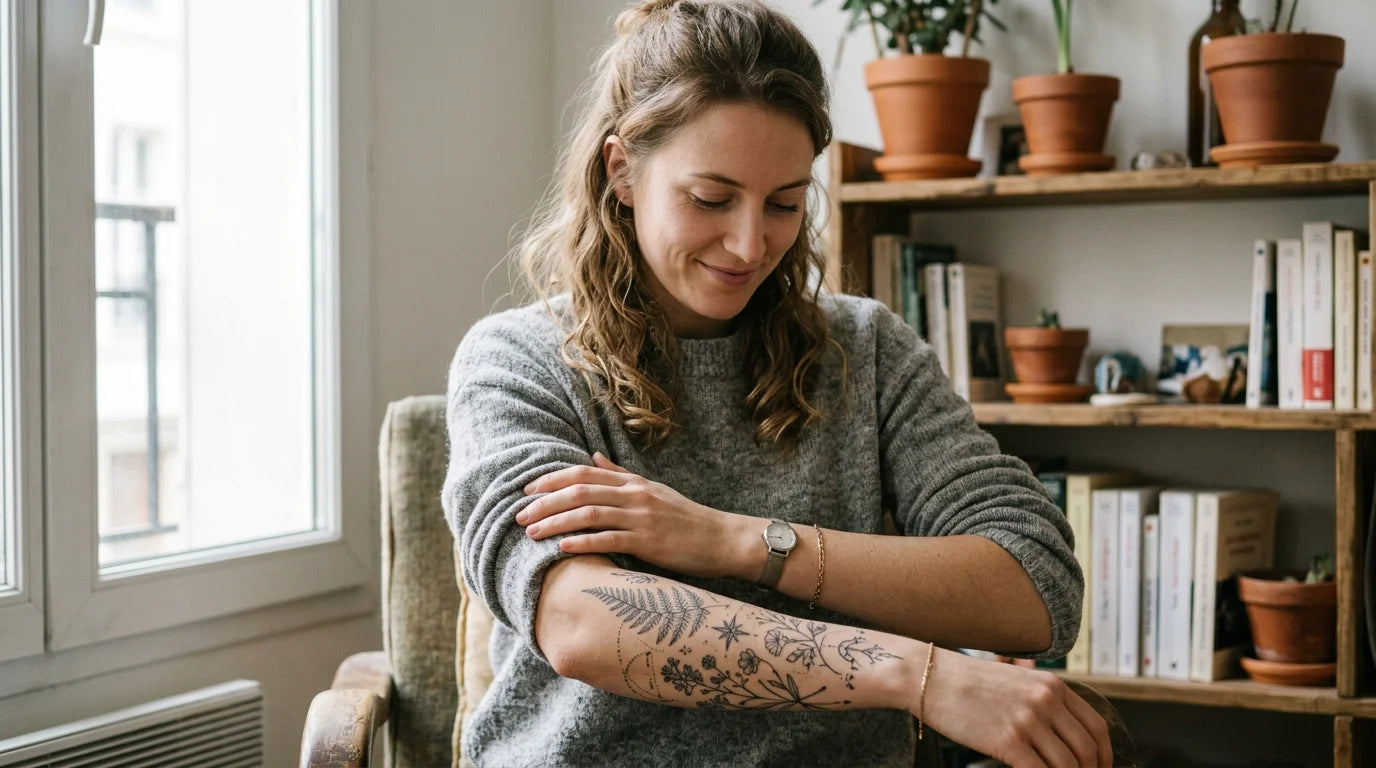 Personne européenne admirant son tatouage cicatrisé sur l'avant-bras à la lumière naturelle