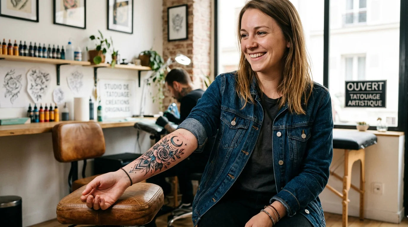 Tatouage fraîchement terminé sur un avant-bras dans un studio lumineux