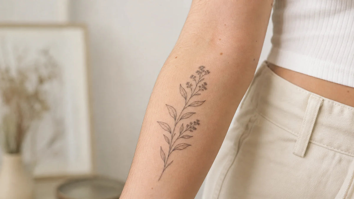 Tatouage botanique à traits fins sur un avant bras Image