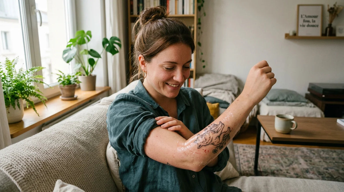 Jeune femme prenant soin de son tatouage récent à la maison Image