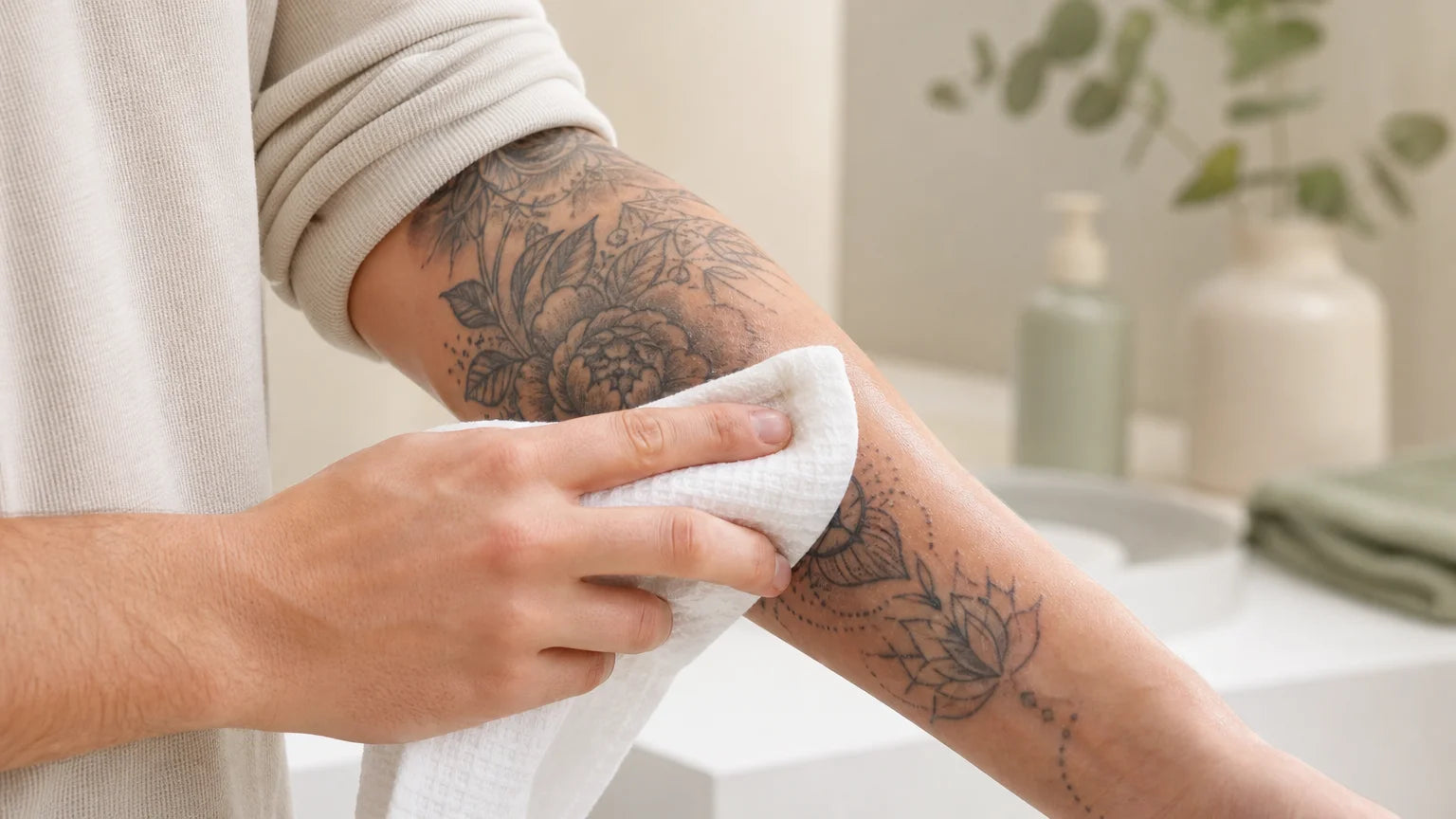 Geste délicat pour sécher un tatouage récent Image