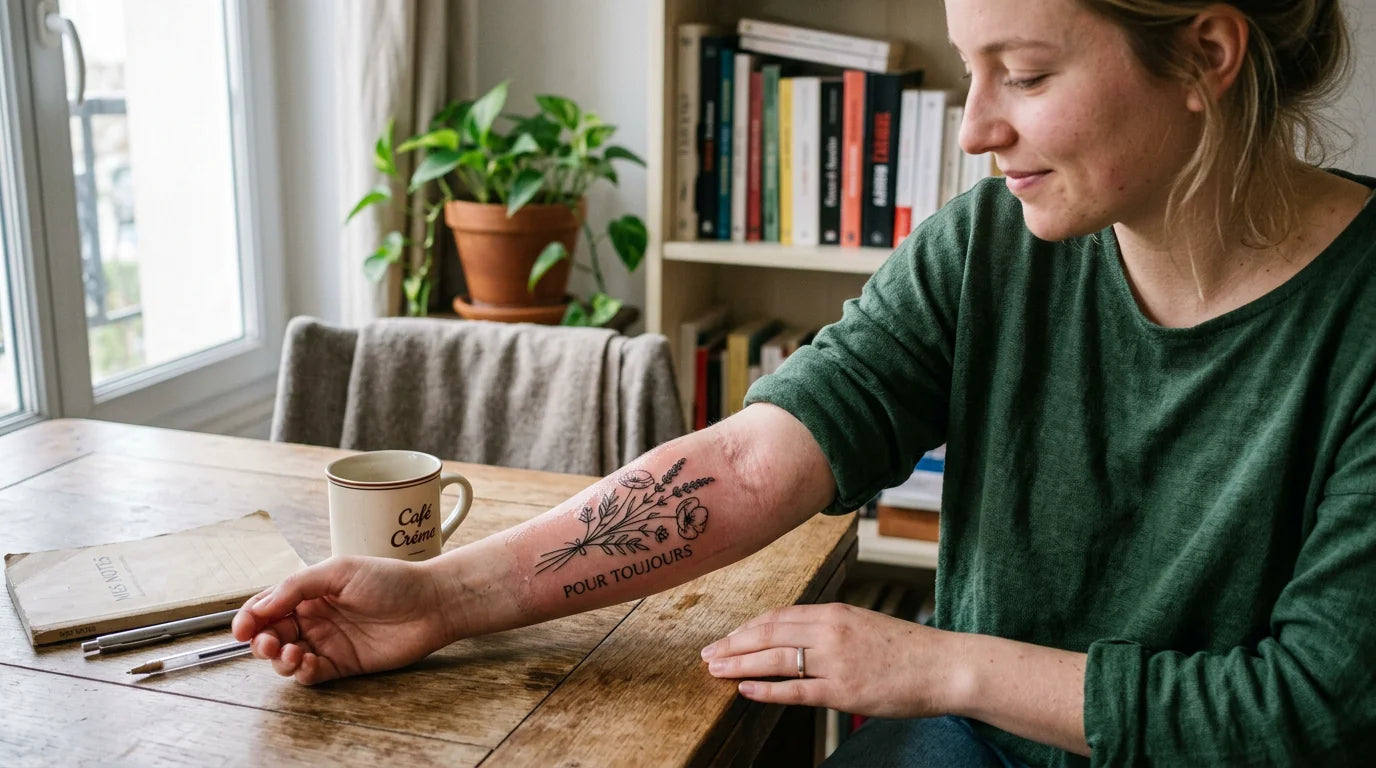 Tatouage frais sur un avant-bras pendant les premières heures de cicatrisation