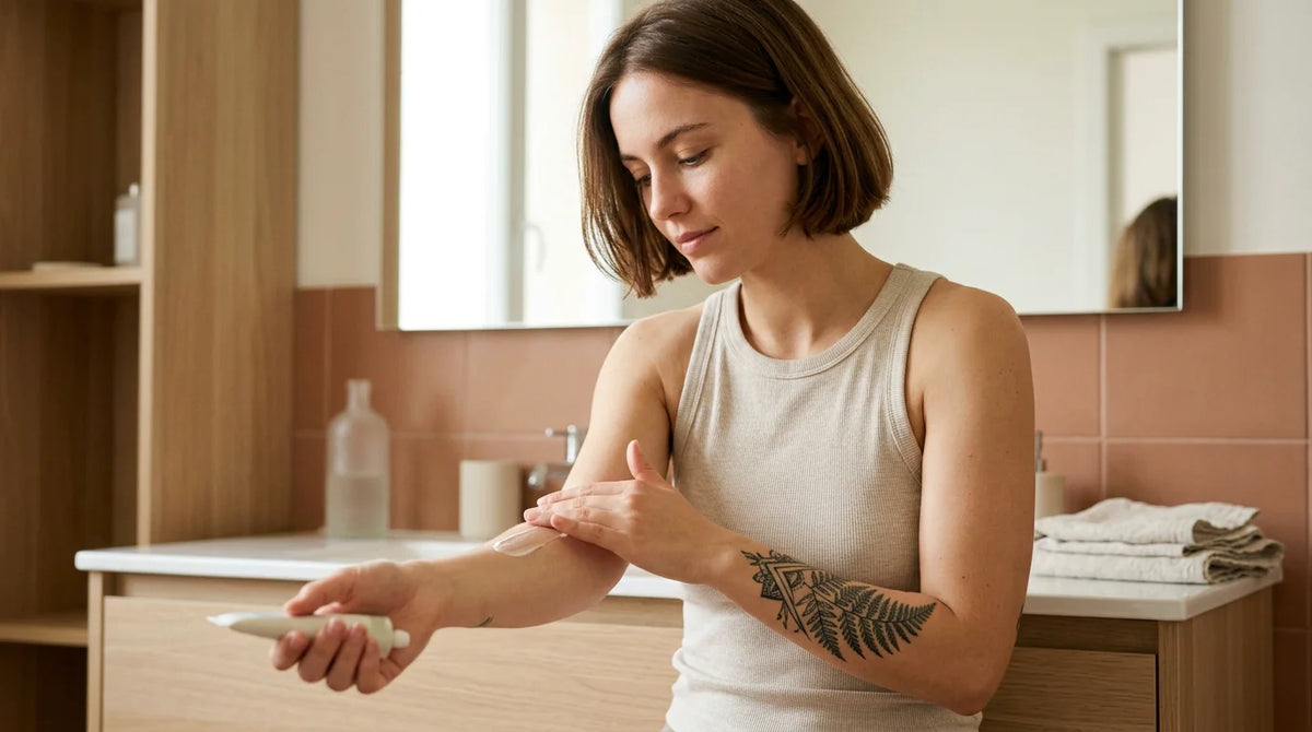Personne prenant soin d'un tatouage récent sur l'avant-bras Image