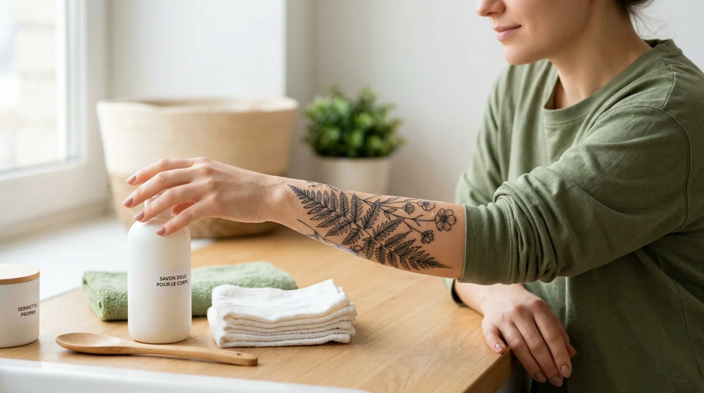 Gros plan sur un tatouage frais avant le nettoyage, avec du savon doux et une serviette propre