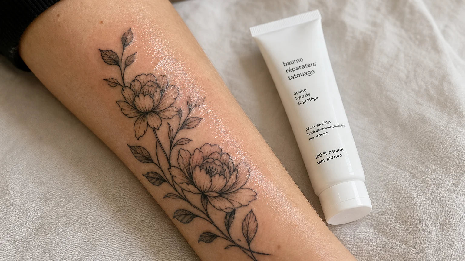 Tatouage frais sur l'avant-bras à côté d'un tube de crème réparatrice Image