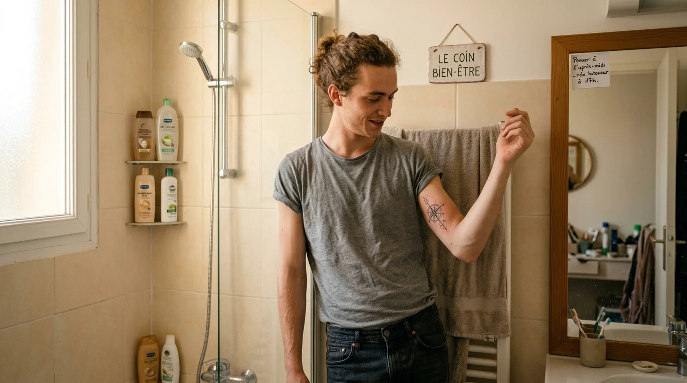 Personne européenne avec un tatouage frais avant de prendre sa douche