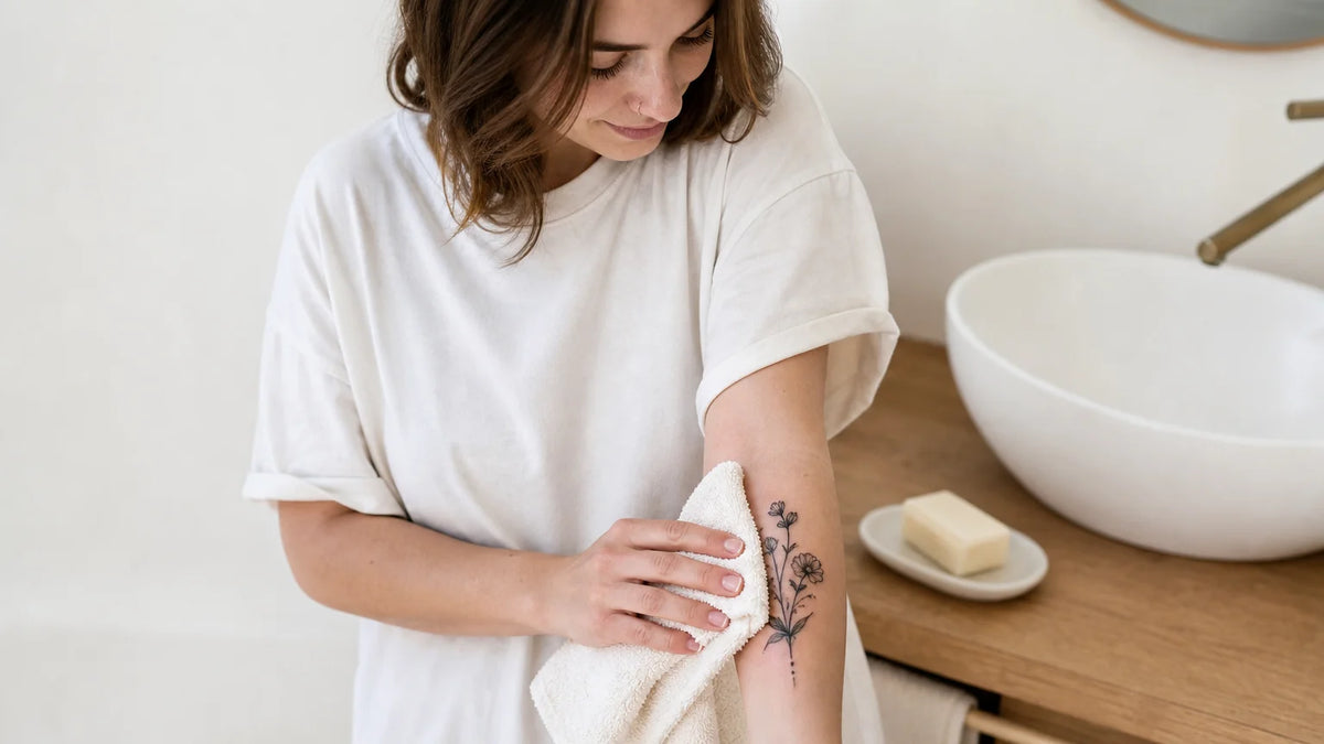 Personne prenant soin d’un tatouage récent dans une salle de bain Image