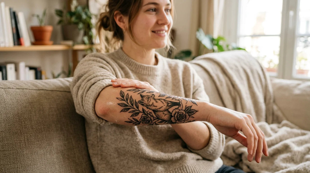 Tatouage récent au bras recouvert d'une fine couche de crème réparatrice Image