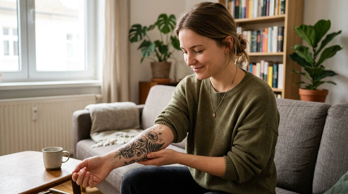 Jeune adulte européen regardant son tatouage cicatrisé sur l'avant-bras