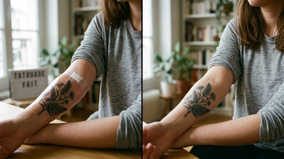 Comparaison avant après d'un tatouage frais et cicatrisé sur un bras Image