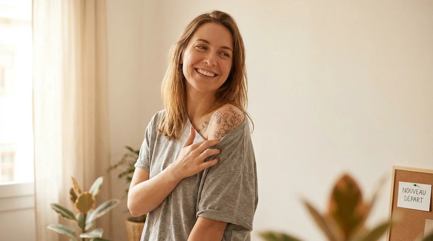 Personne montrant un tatouage récent sur l'épaule avec une peau en début de cicatrisation