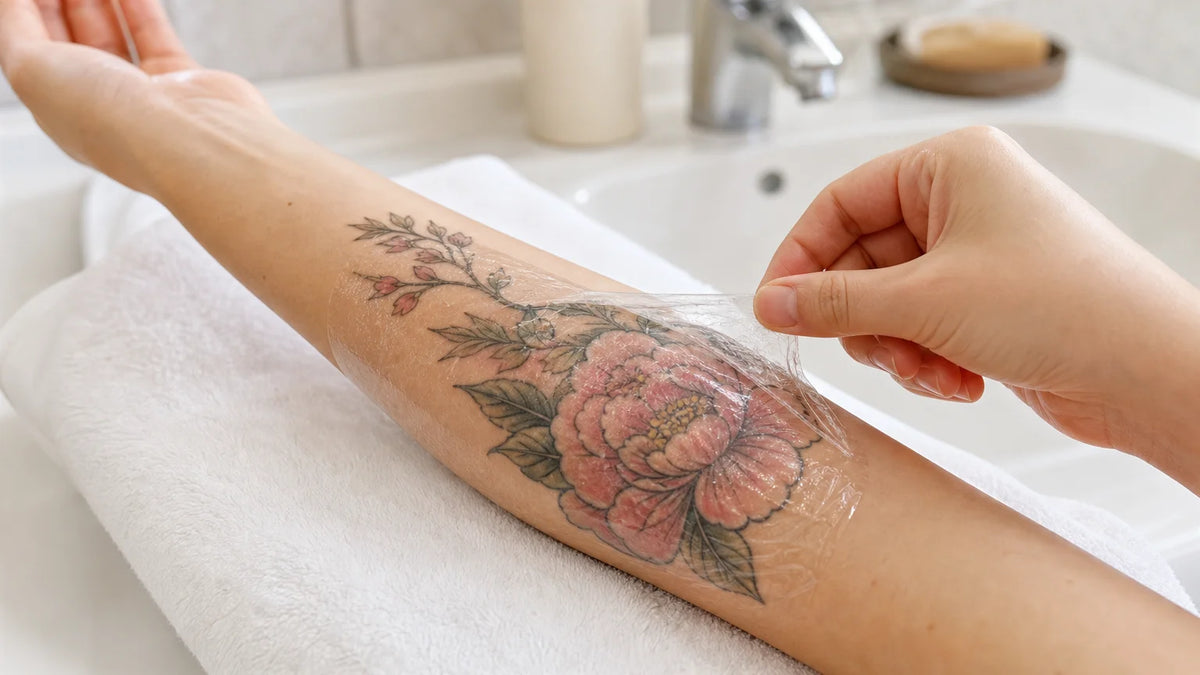 Pansement transparent partiellement retiré d’un tatouage récent Image