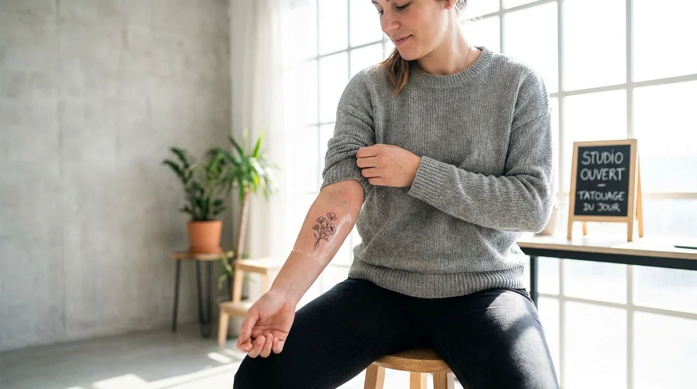 Tatouage récent sur l'avant-bras en phase de cicatrisation