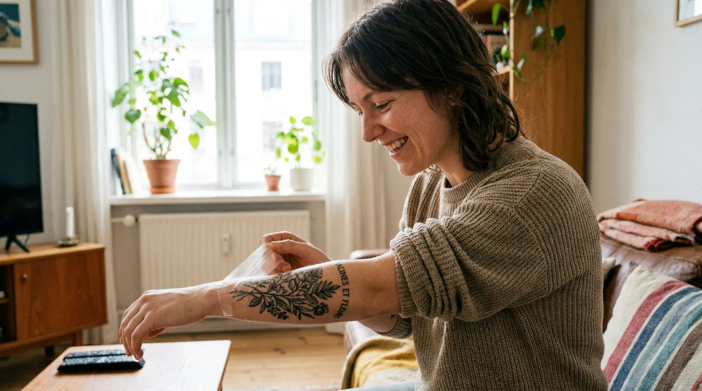 Personne européenne admirant son tatouage frais sur l'avant-bras dans un salon lumineux