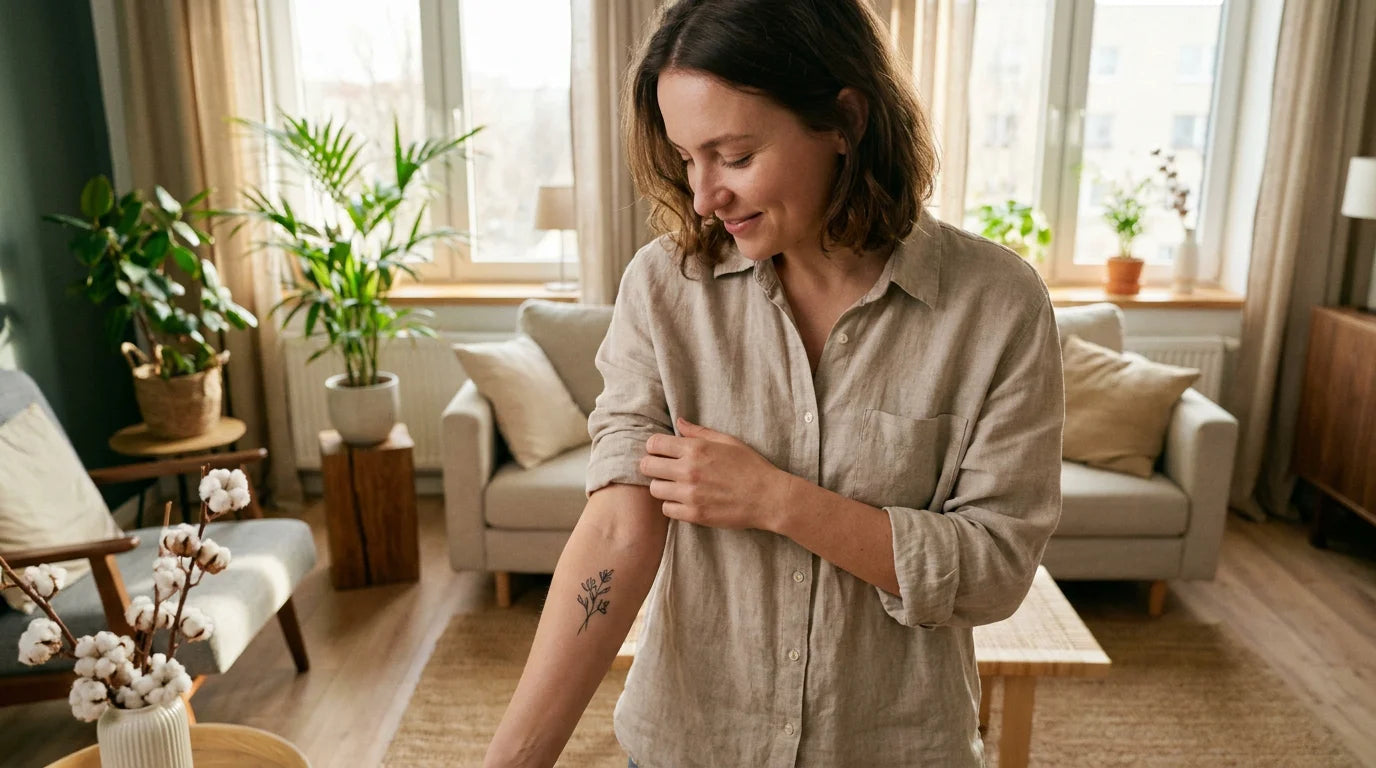 Personne observant un petit tatouage frais sur son avant-bras dans un salon lumineux