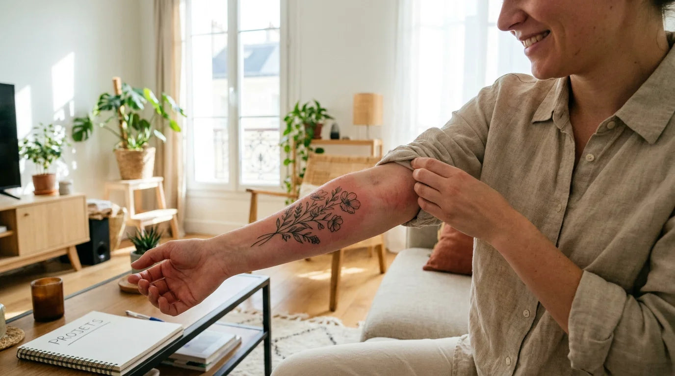 Personne montrant un tatouage récent sur le bras, peau légèrement rosée après la séance