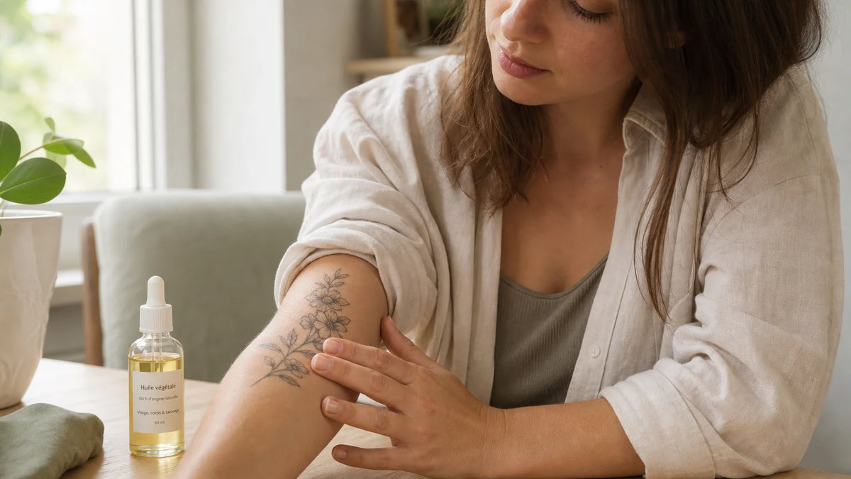 Personne examinant un tatouage cicatrisé avec une huile végétale Image