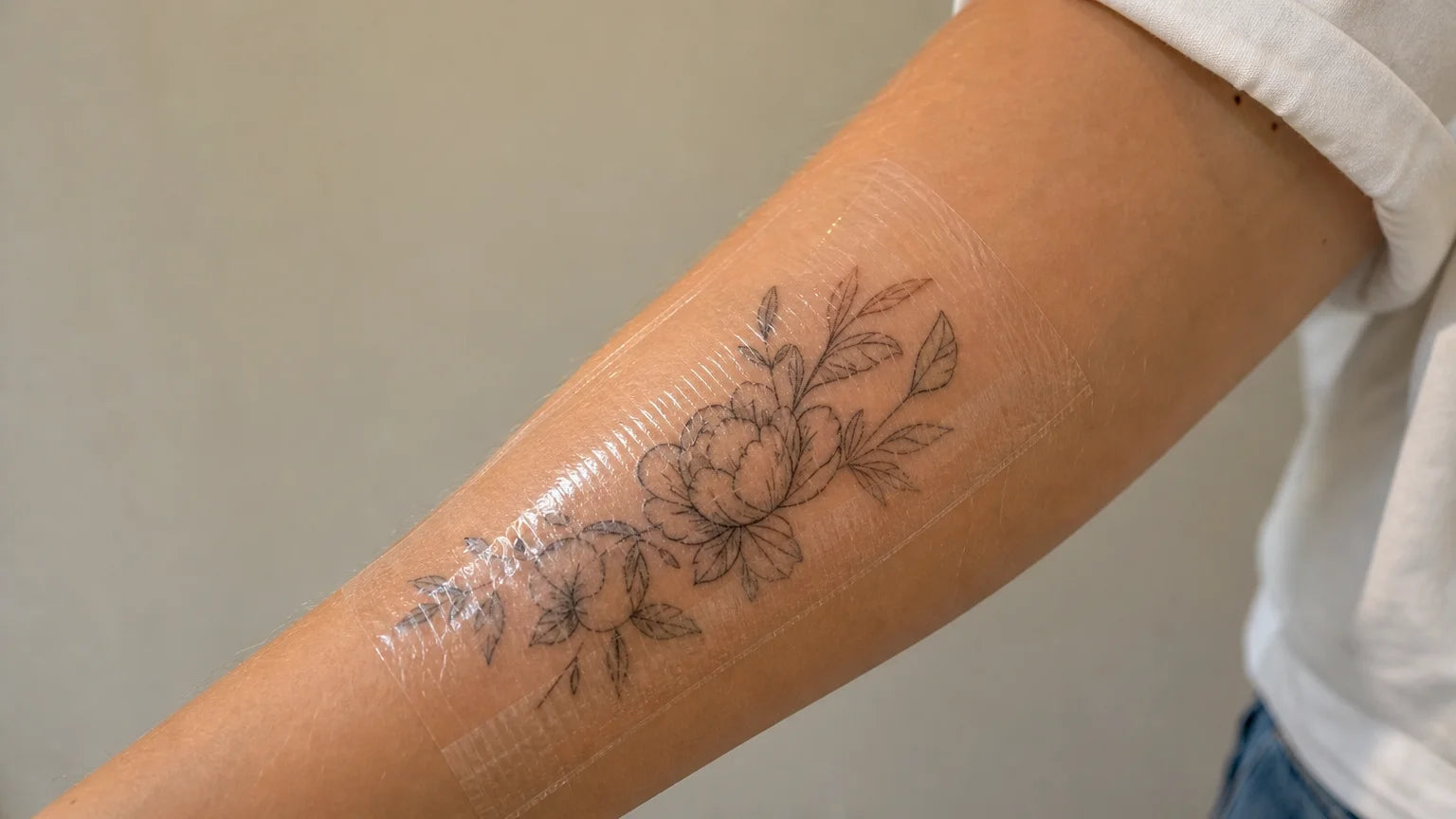 Tatouage frais protégé par un pansement seconde peau transparent sur l'avant-bras