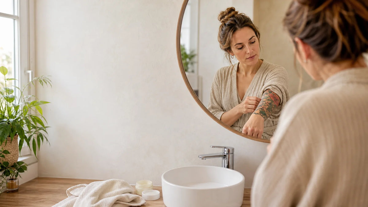 Personne observant son tatouage dans une salle de bain lumineuse