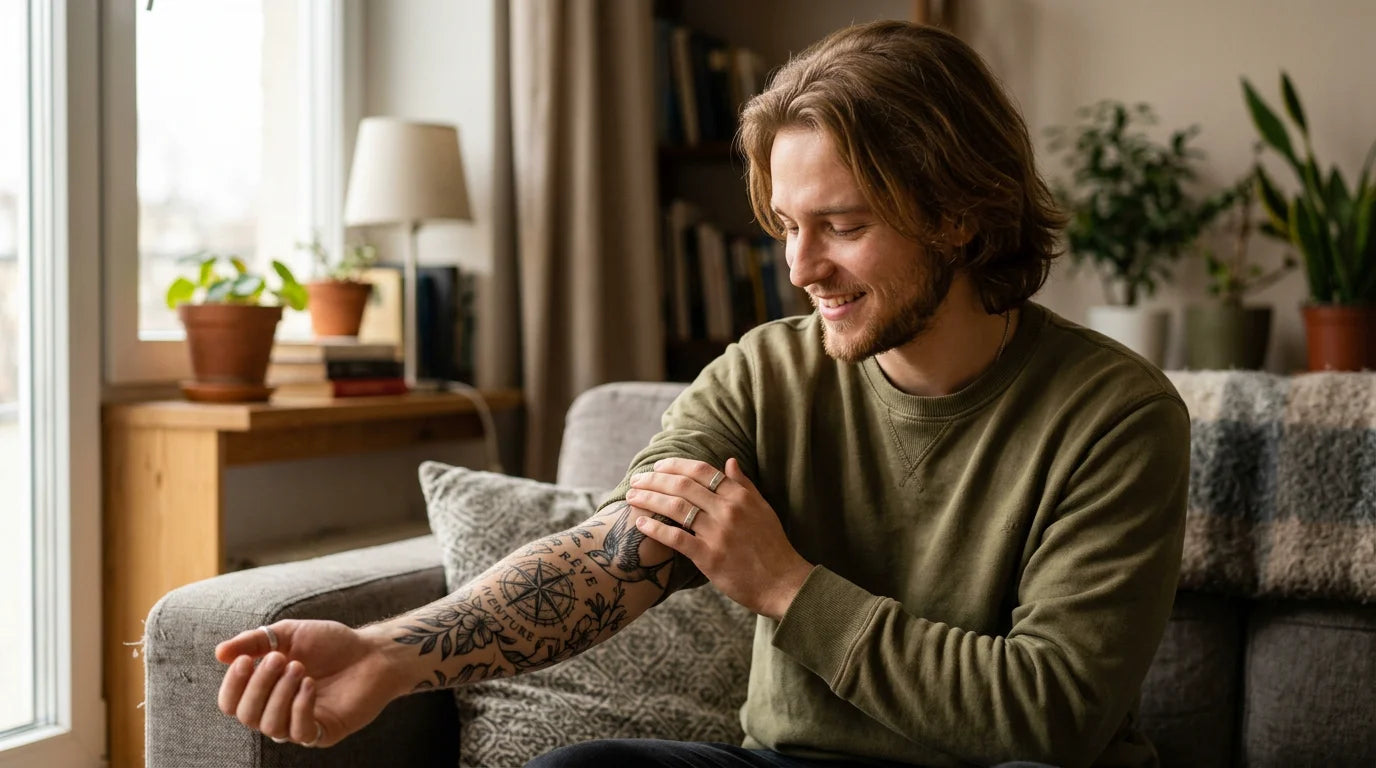 Personne européenne prenant soin d'un tatouage net et éclatant sur l'avant-bras