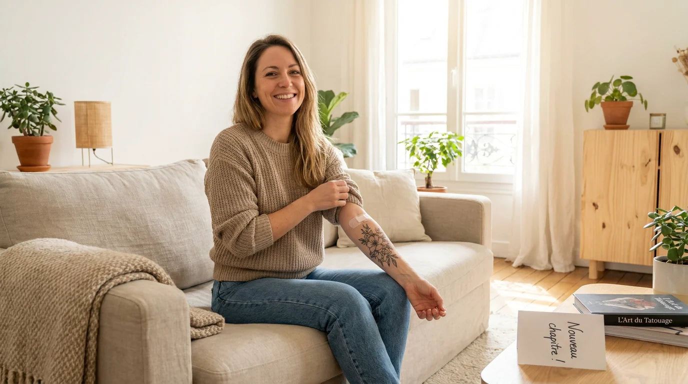 Personne souriante avec un tatouage récent sur l'avant-bras, ambiance décontractée