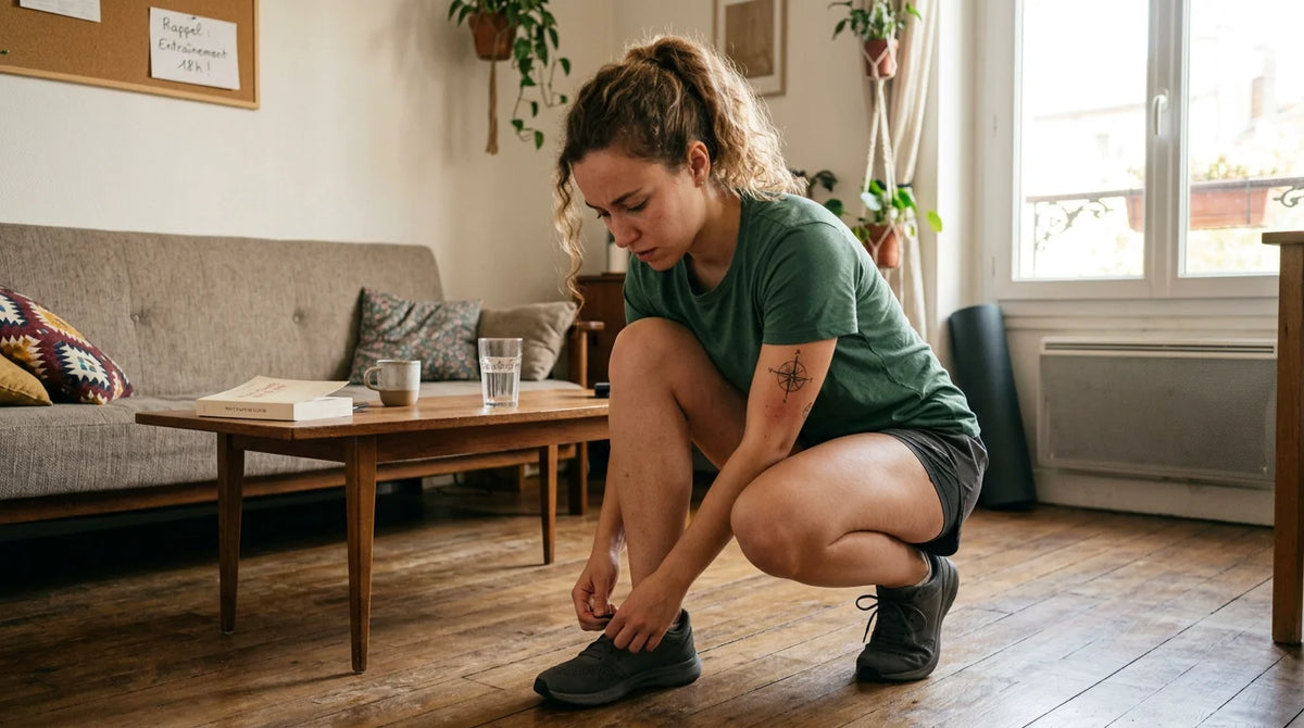 Jeune sportif européen hésitant à reprendre le sport après un tatouage récent Image