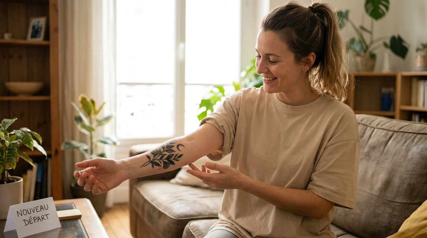 Personne européenne souriante montrant un tatouage récent sur son avant-bras dans un intérieur lumineux
