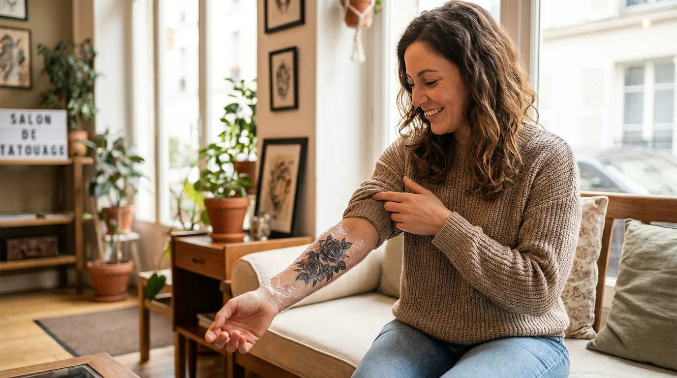 Personne européenne montrant un tatouage frais protégé par un film dans un salon lumineux
