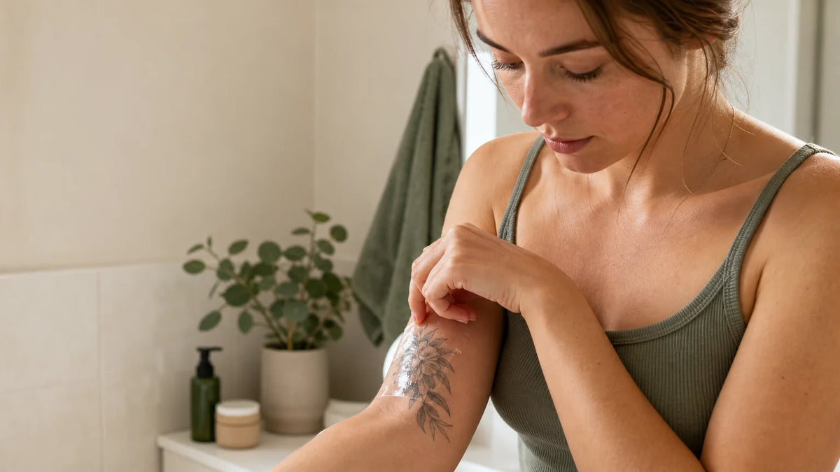 Personne européenne vérifiant un film protecteur transparent près d’un tatouage récent Image