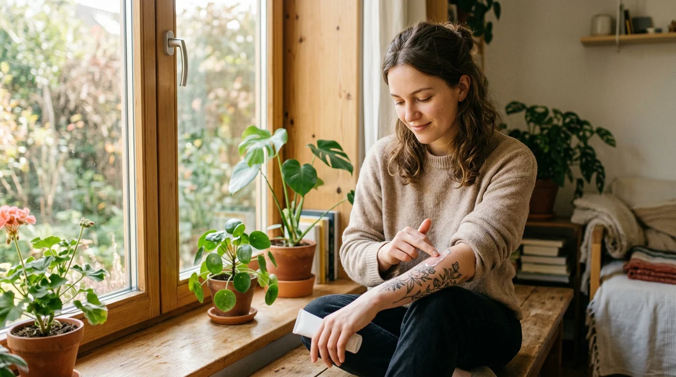 Personne appliquant un soin sur un tatouage frais à l'avant-bras
