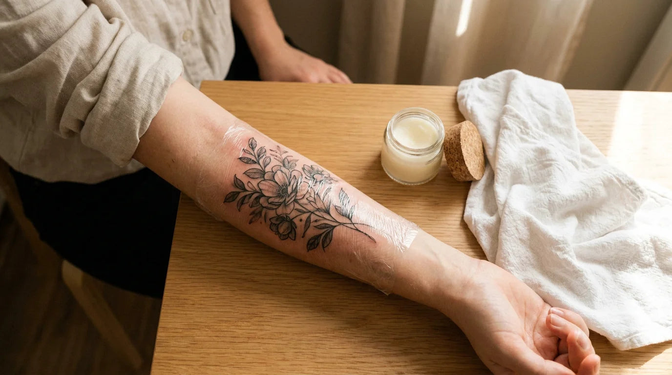 Bras fraîchement tatoué posé près d'un baume et d'une serviette propre