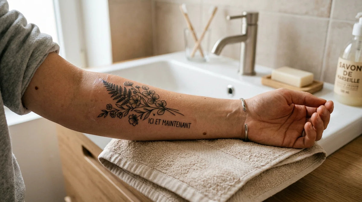 Avant-bras européen avec un tatouage frais posé sur une serviette propre