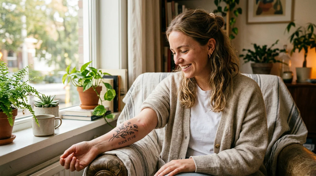 Jeune femme européenne observant son tatouage fraîchement réalisé Image
