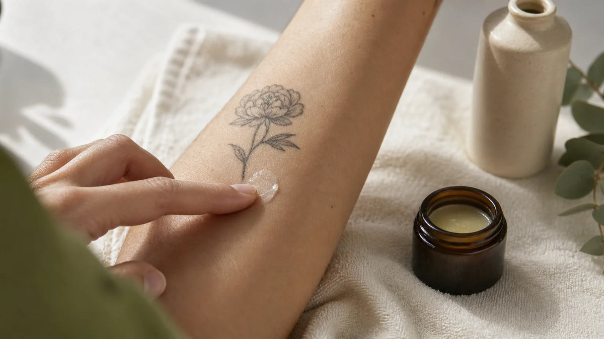Application délicate d’un soin sur un tatouage récent