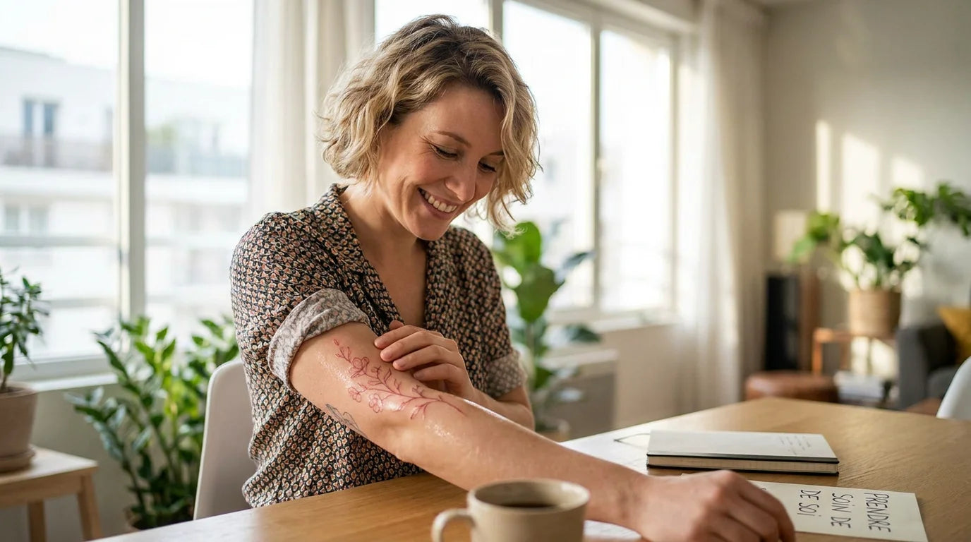 Personne observant son tatouage récent en cours de cicatrisation après les 48 premières heures