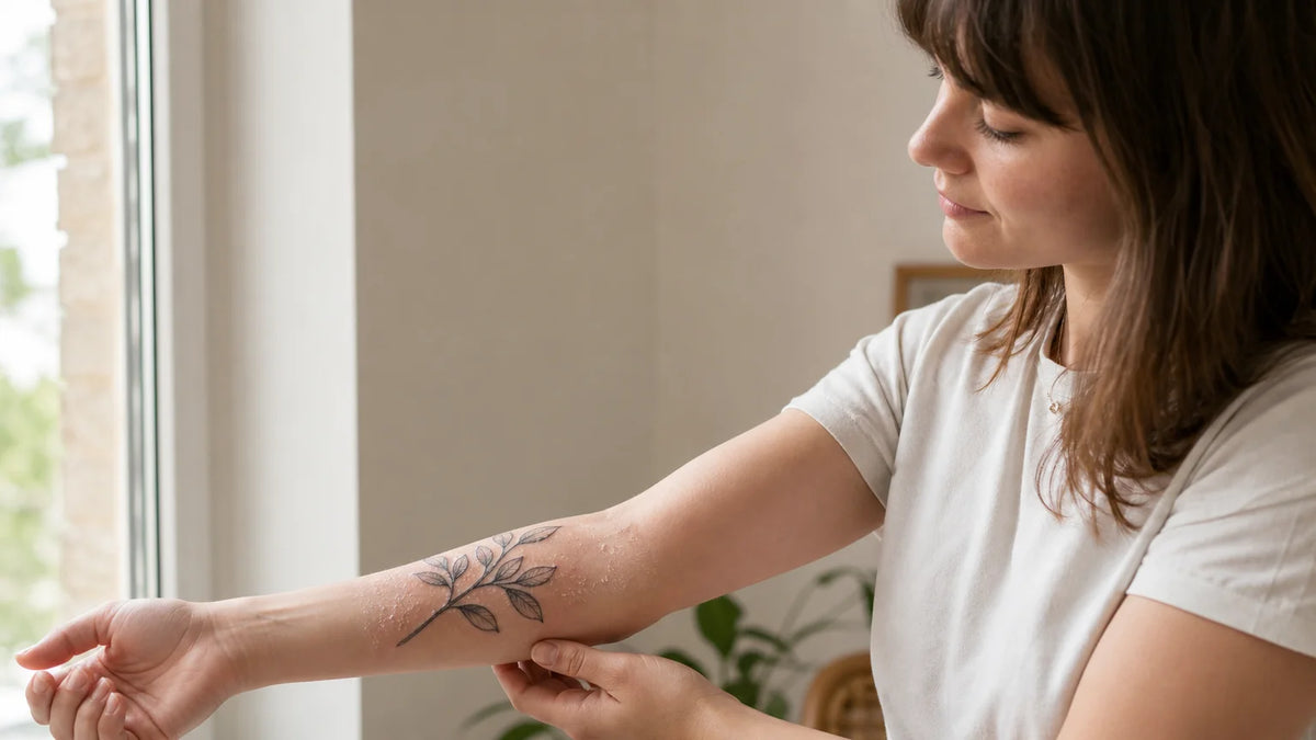 Personne observant un tatouage récent pendant la cicatrisation