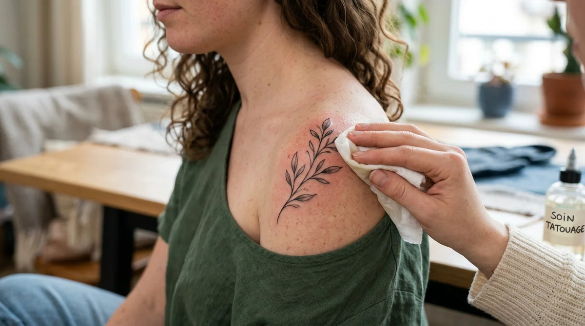 Personne prenant soin d'un tatouage récent en cours de cicatrisation