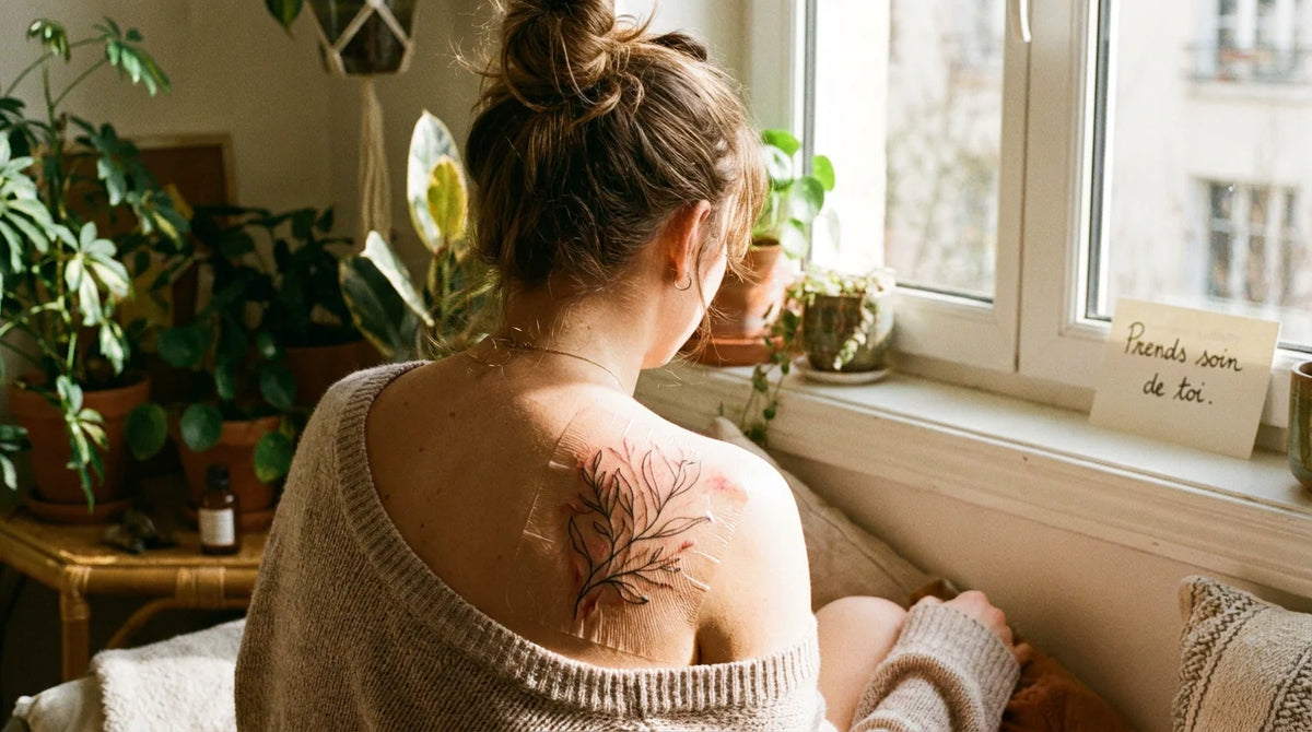 Tatouage récent protégé par un pansement seconde peau sur le dos d'une personne Image