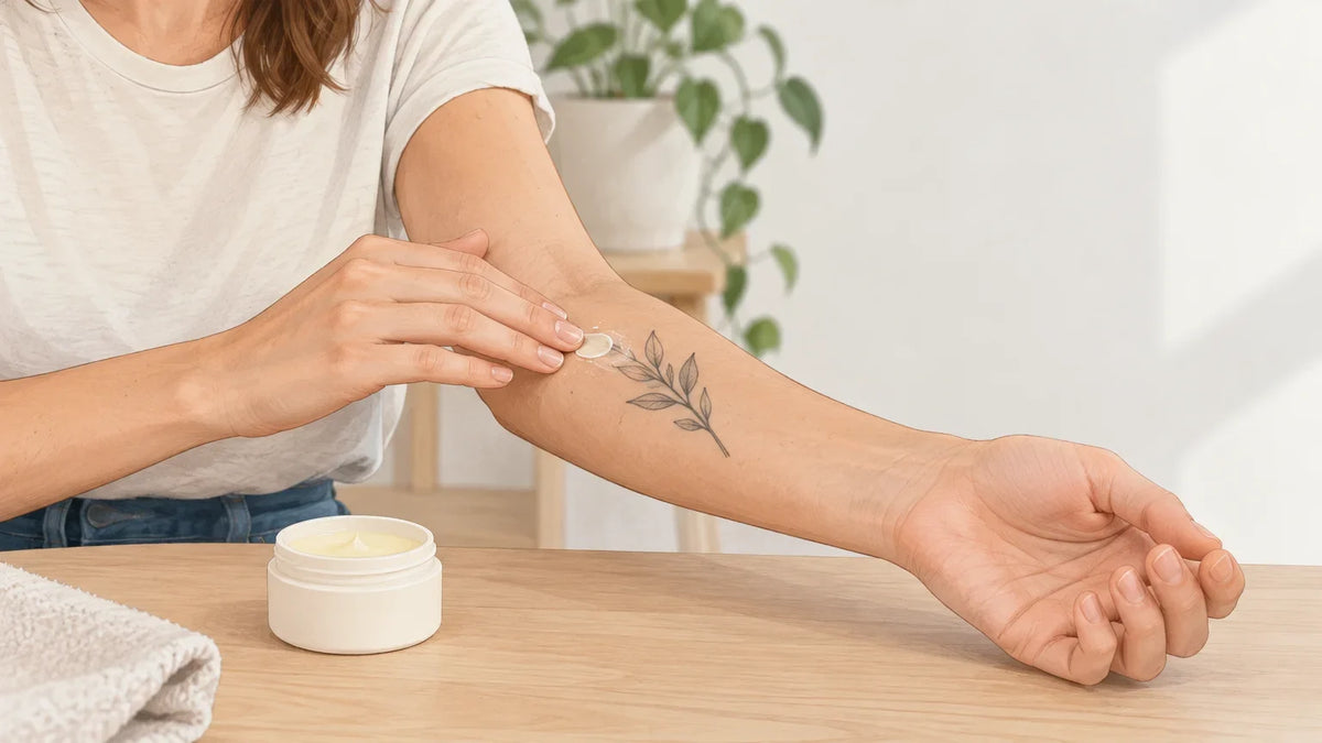 Une personne prend soin d’un tatouage cicatrisé dans une salle de bain lumineuse Image