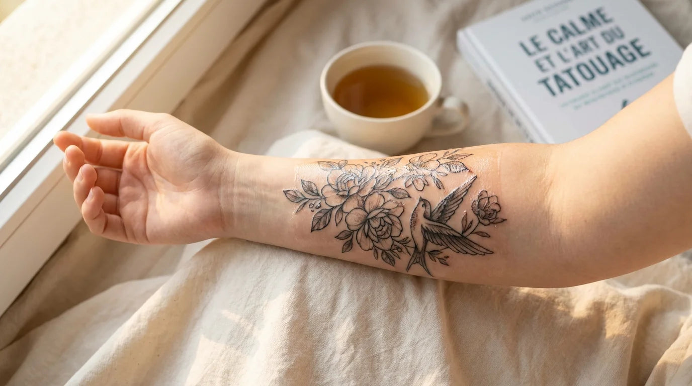 Bras tatoué en cicatrisation posé sur un tissu clair dans une lumière naturelle