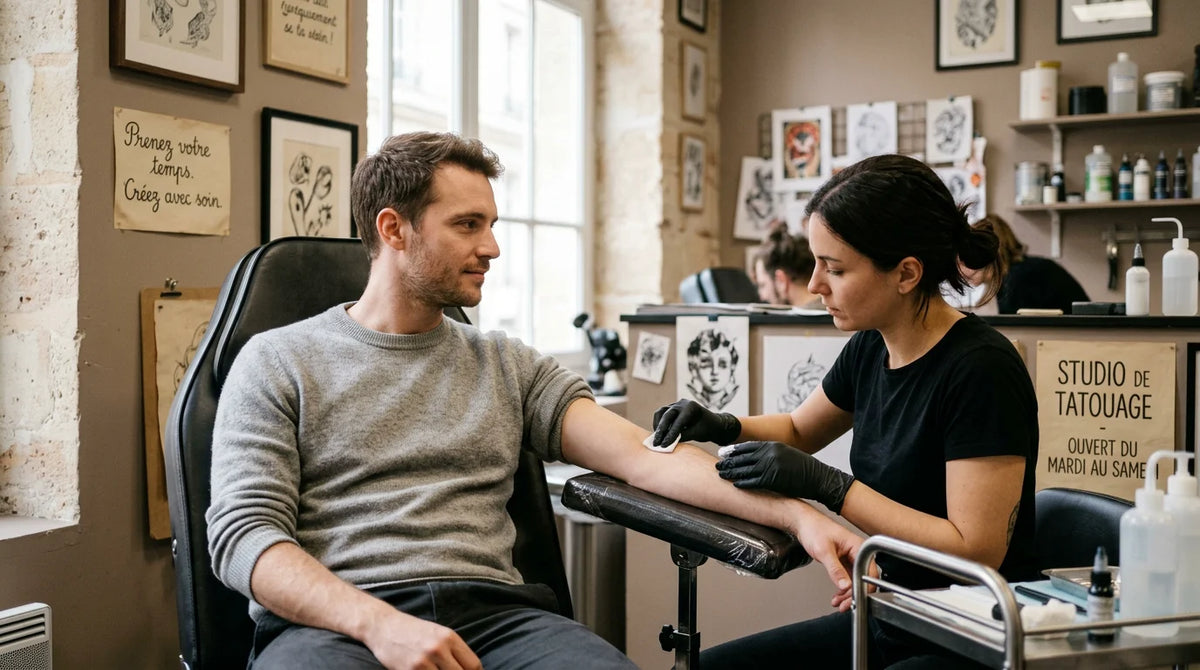 Personne européenne détendue dans un studio de tatouage pendant la préparation de la peau