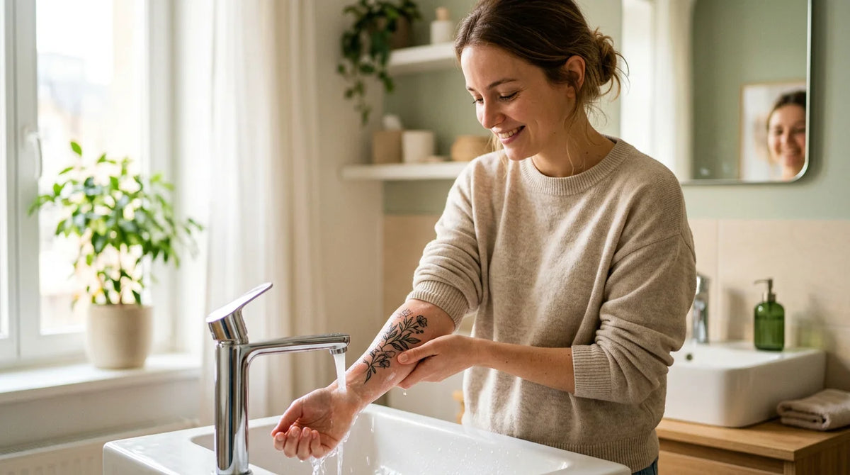 Personne nettoyant délicatement un tatouage frais à l'eau tiède Image