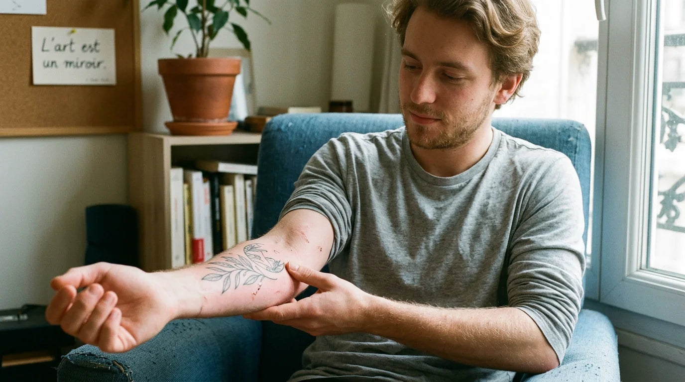 Jeune personne européenne regardant son tatouage tout juste réalisé sur l'avant-bras